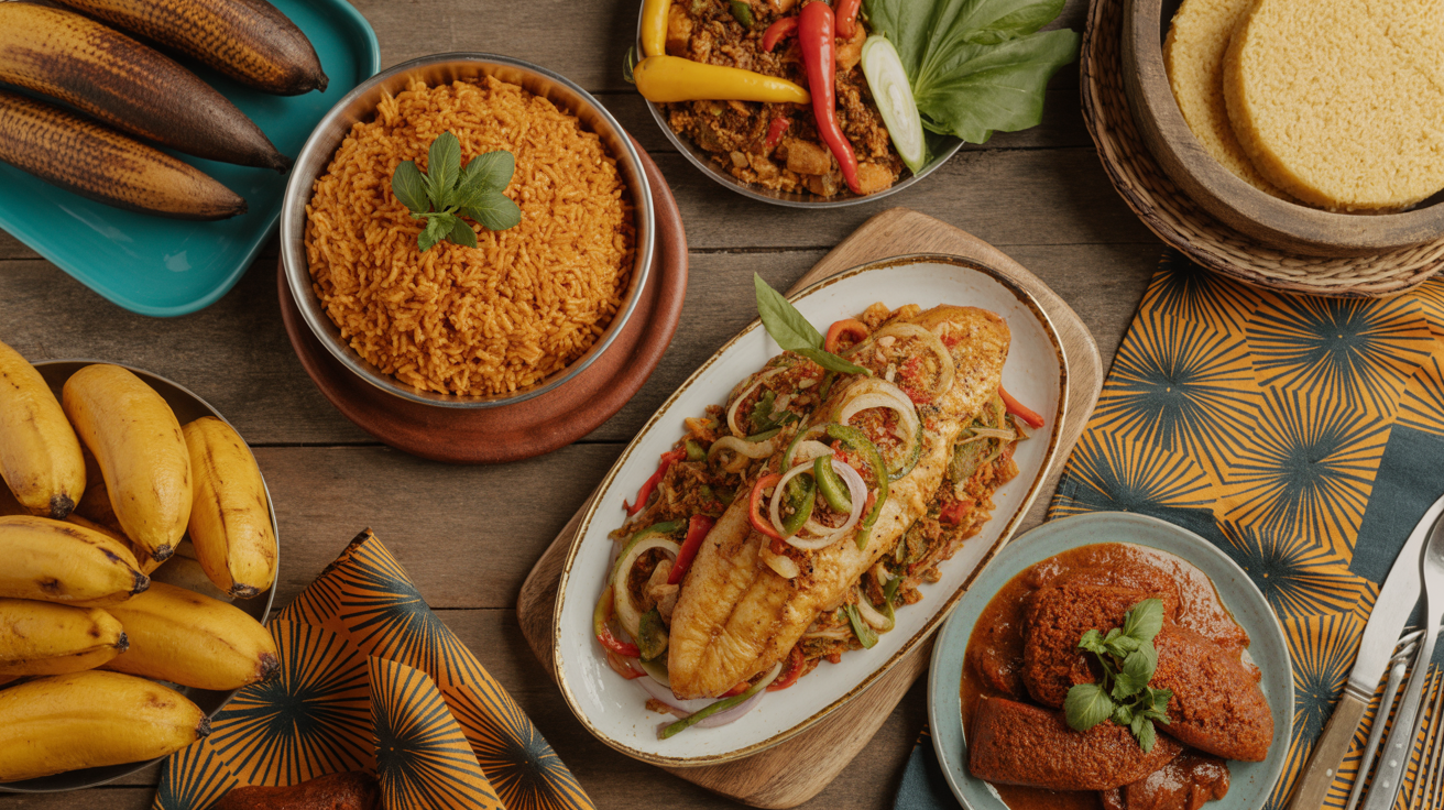 Authentic Ghanaian food spread with jollof rice, banku, fufu and grilled tilapia